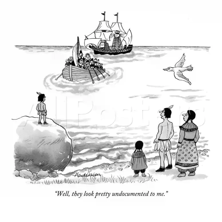 Cartoon showing the pilgrims landing in America. The native Americans comment 